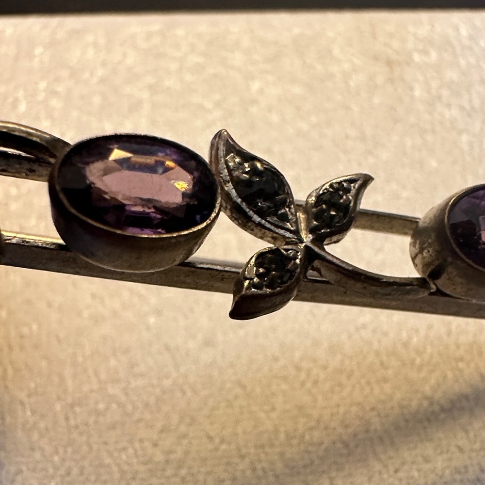 Antique Victorian Amethyst and Gold Tone Floral Bar Brooch - Picture 2 of 8